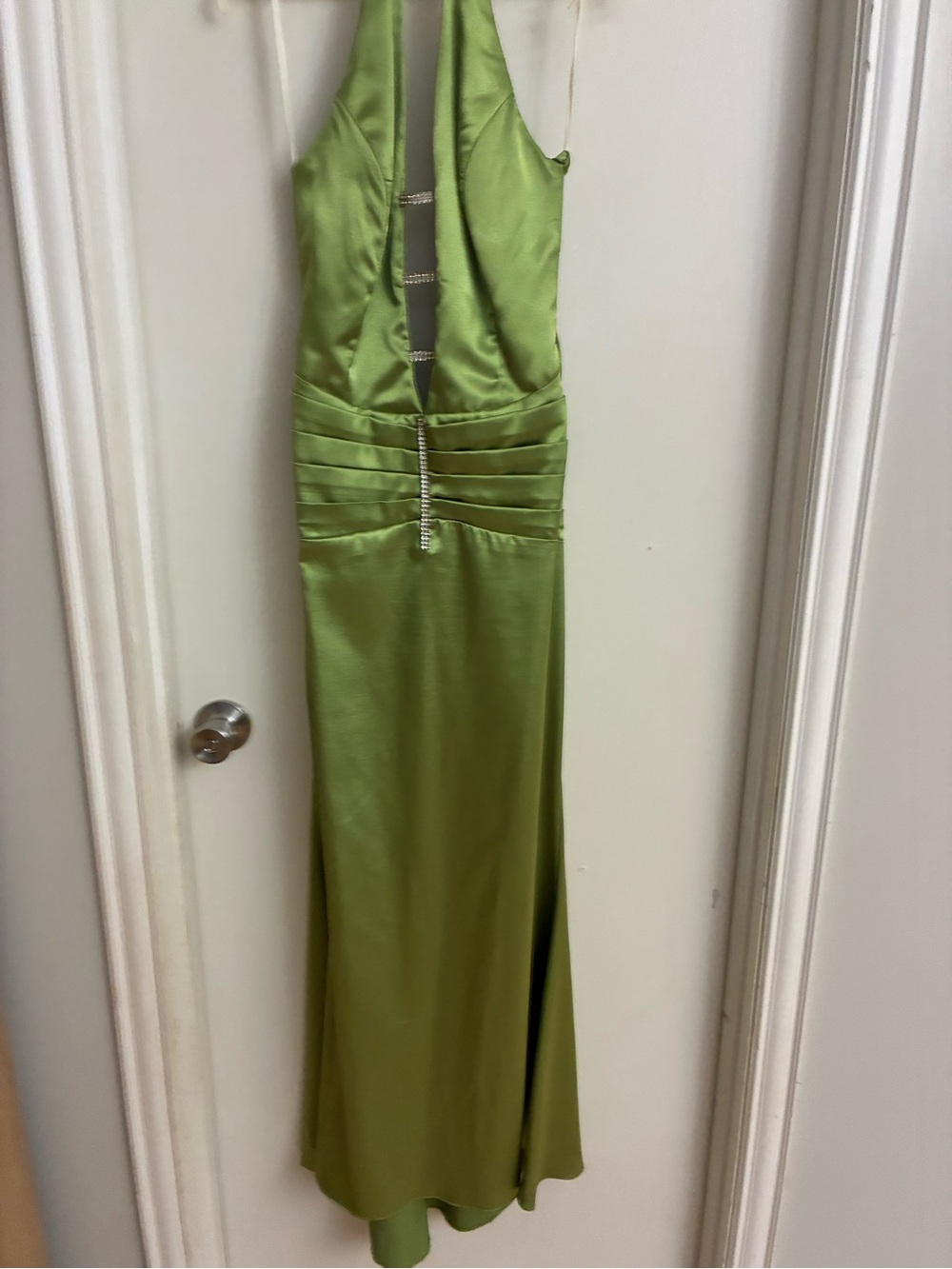 Fiesta Lime Green Satin Backless Evening Gown with Rhinestone Straps